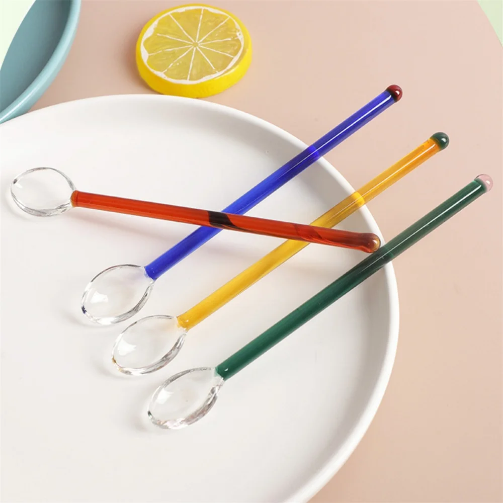 Colorful Glass Coffee Spoons Long Handle Dessert Milk Tea Mixing Stirring Tableware Heat-Resistant Teaspoons Home Kitchen Tools