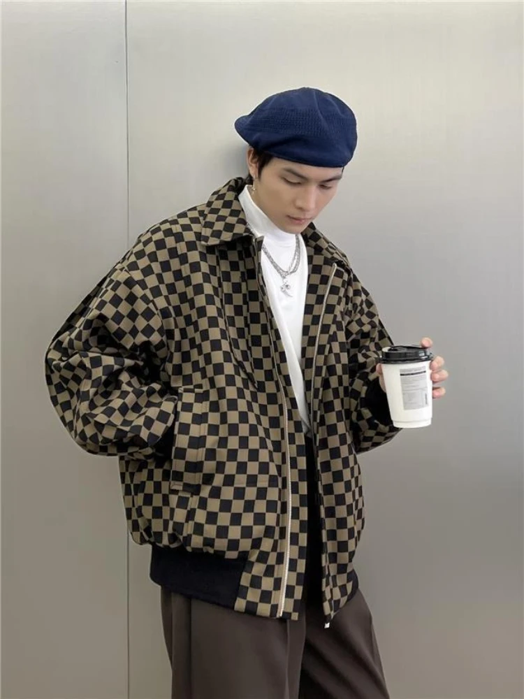 2025 New Men's Plaid Baseball Jacket Unisex Autumn Coat for Students with Irregular Checkerboard Pattern