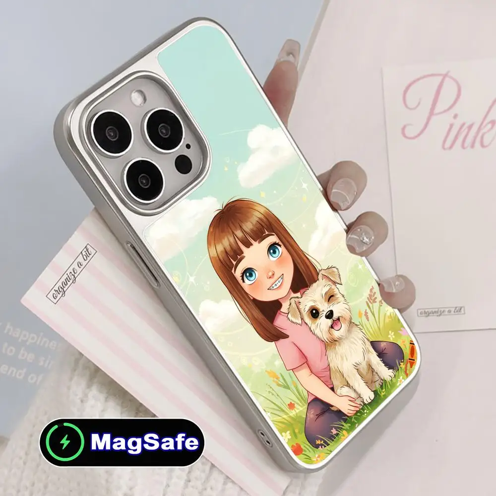 

Чехол для мобильного телефона Girl Dog Puppy для iPhone 17, 16, 15, 14, 13, 12, 11 Air Pro Max Plus Magsafe с серебряным покрытием, красочный чехол