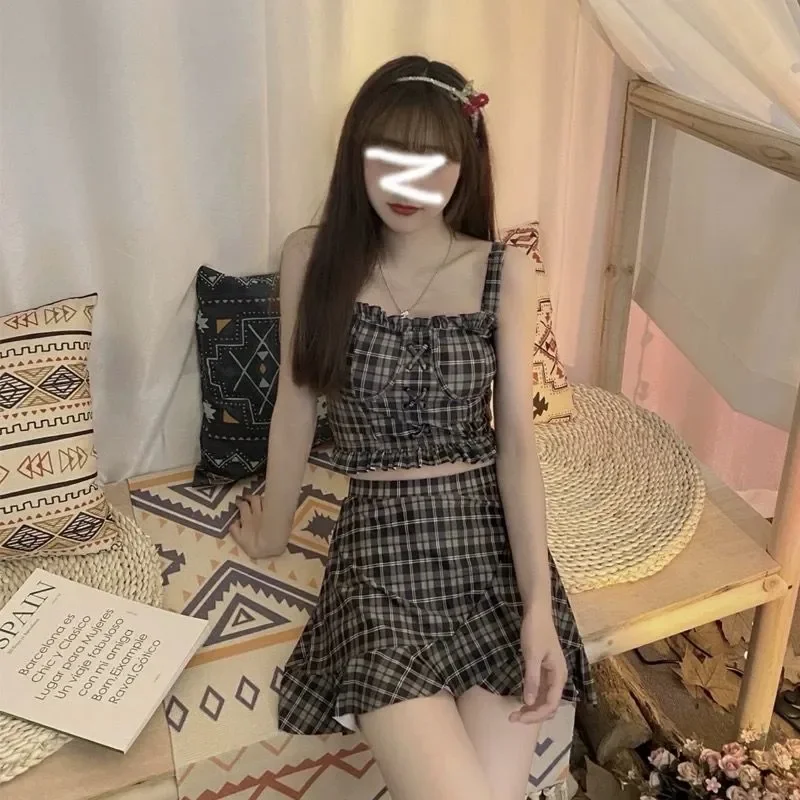 Women's Two Piece Swimsuit Plaid Lace Up Ruffle Crop Top Skirt Sweet Pure Style for Beach Vaion
