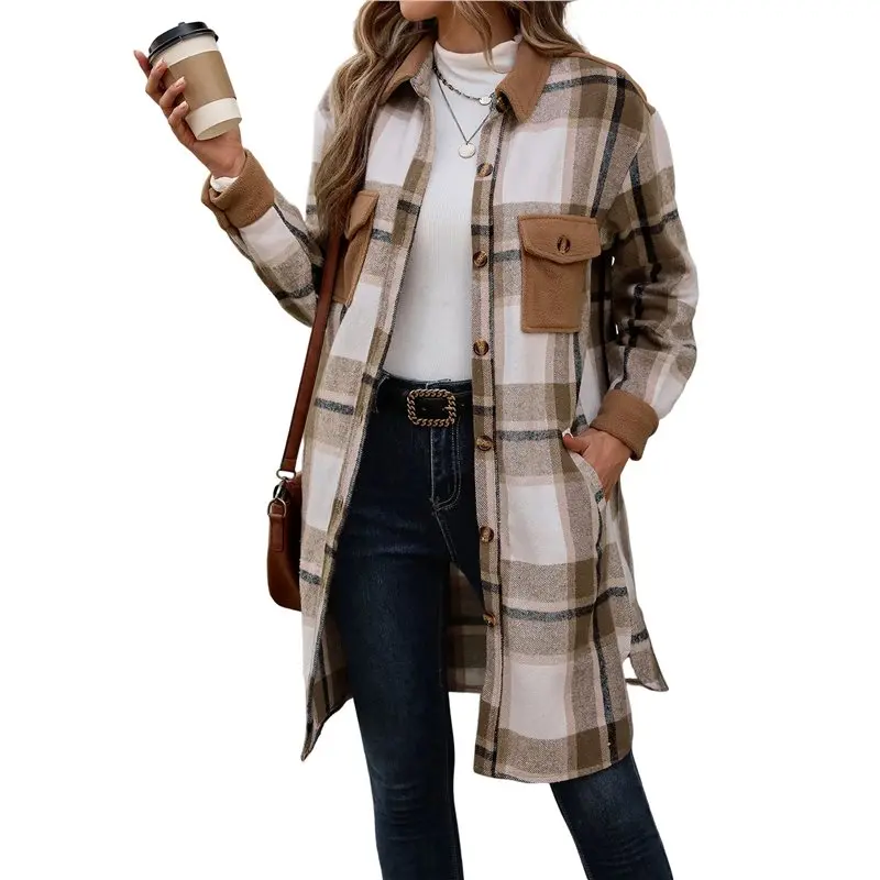 AEA7-Women's Plaid Shacket Jacket Long Sleeve Button Up Flannel Shirt Casual Shaket Lapel Coats