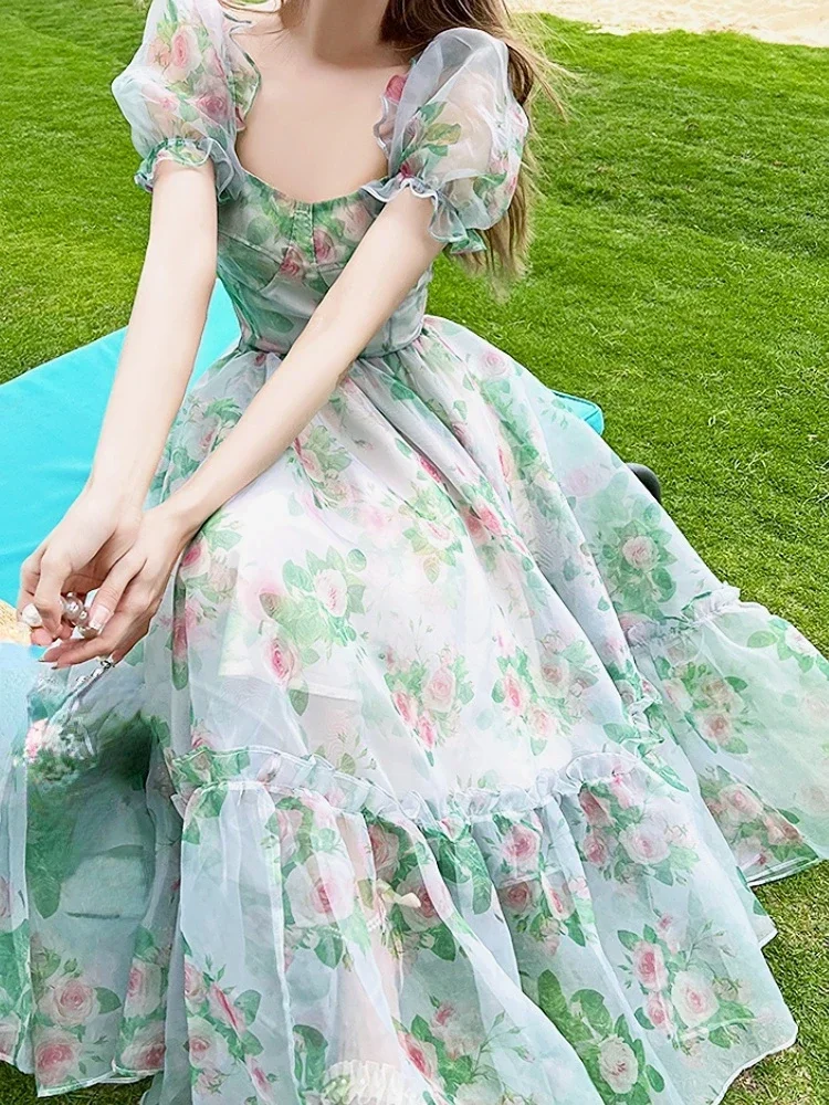 

Summer Luxury Elegant Charm Celebrity Beach Vacation Hepburn French Bubble Sleeve Fragmented Flower A-line Dress