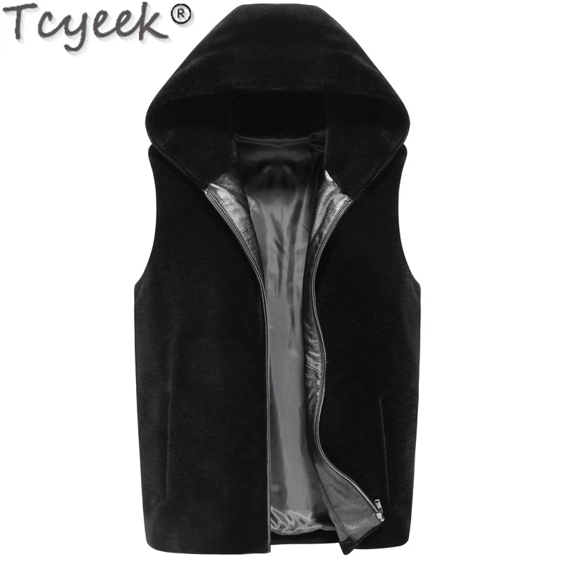 

Tcyeek Fashion Men's 100% Wool Vest Autumn Winter Warm Sheep Shearling Jacket Casual Black Sleeveless Jackets Man Clothing LM