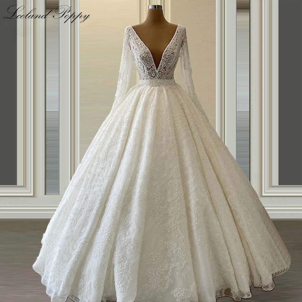 Lceland Poppy Customized V Neck Ball Gown Lace Wedding Dresses Floor Length Beaded Bridal Gowns with Court Train