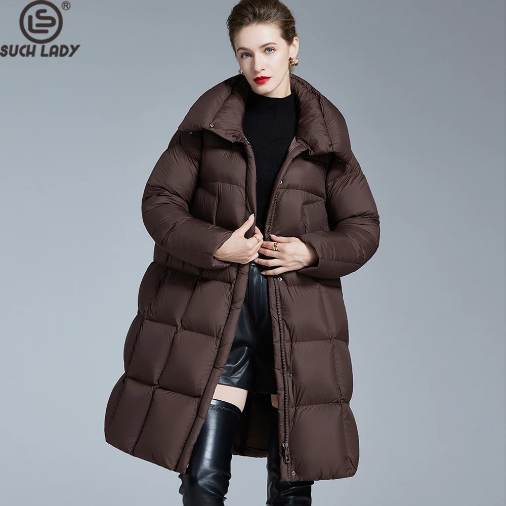 

Women's Long Puffer Coat with Stand-up Collar Brown Quilted Down-filled Jacket, Zip Closure & Side Pockets, Winter Warm Parka