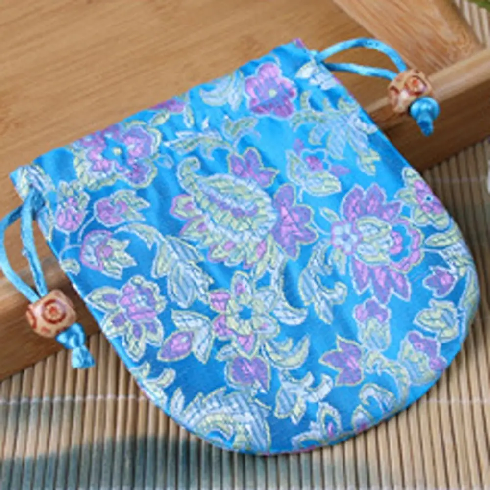 Chinese Style Embroidery Flower Drawstring Bag Beaded Floral Festive Sugar Bag Large Capacity Jewelry Packing Bag