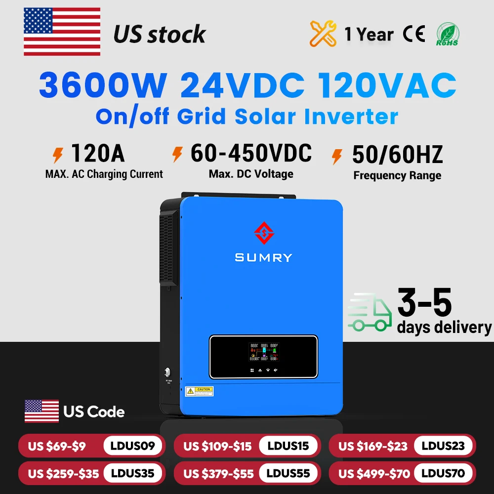 Sumry 3600W Hybrid Solar Inverter 120V 120A MPPT Solar Charger 24V Solar Inverter Dual Output