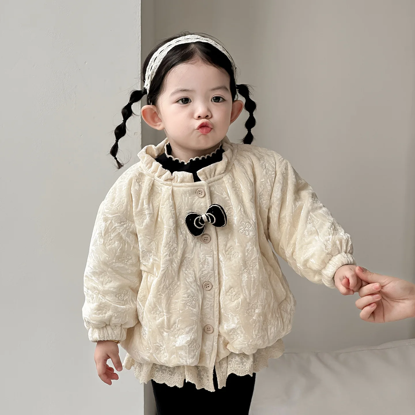 2025 Autumn and Winter New Baby Quilting Cotton Velvet Jacket Set Cardigan Sweater Pants Three-piece Set
