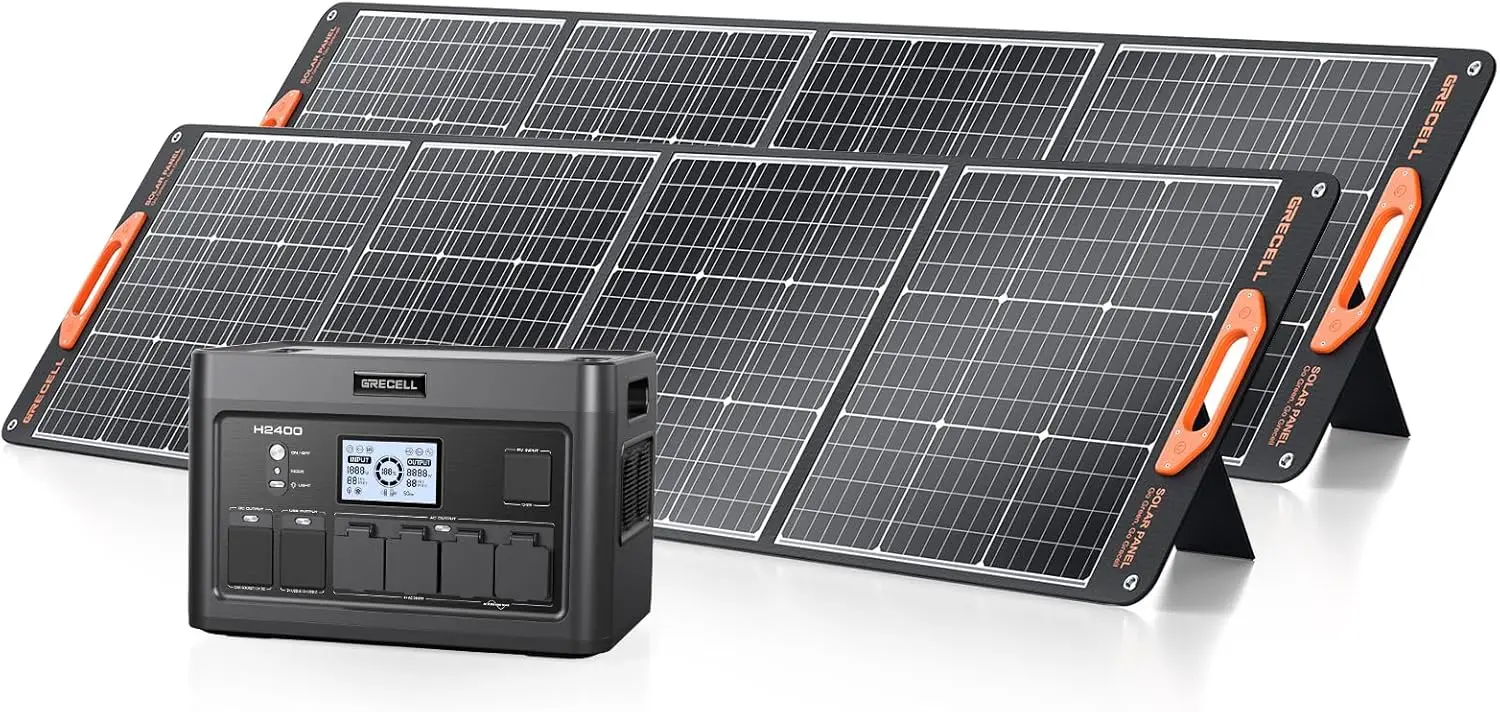 

2400W Solar Generator with 2*200W Flexible Solar Panel, GRECELL 1843Wh Portable Power Station w/ 2400W(4800W Peak)