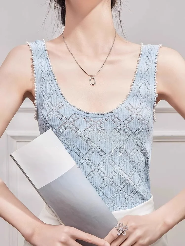 Ceco de Punto Ajustado, Prenda Interior con Diseño de Cuentas, Estilo Coreano Moderno, Cseta Informal de Verano para Co...