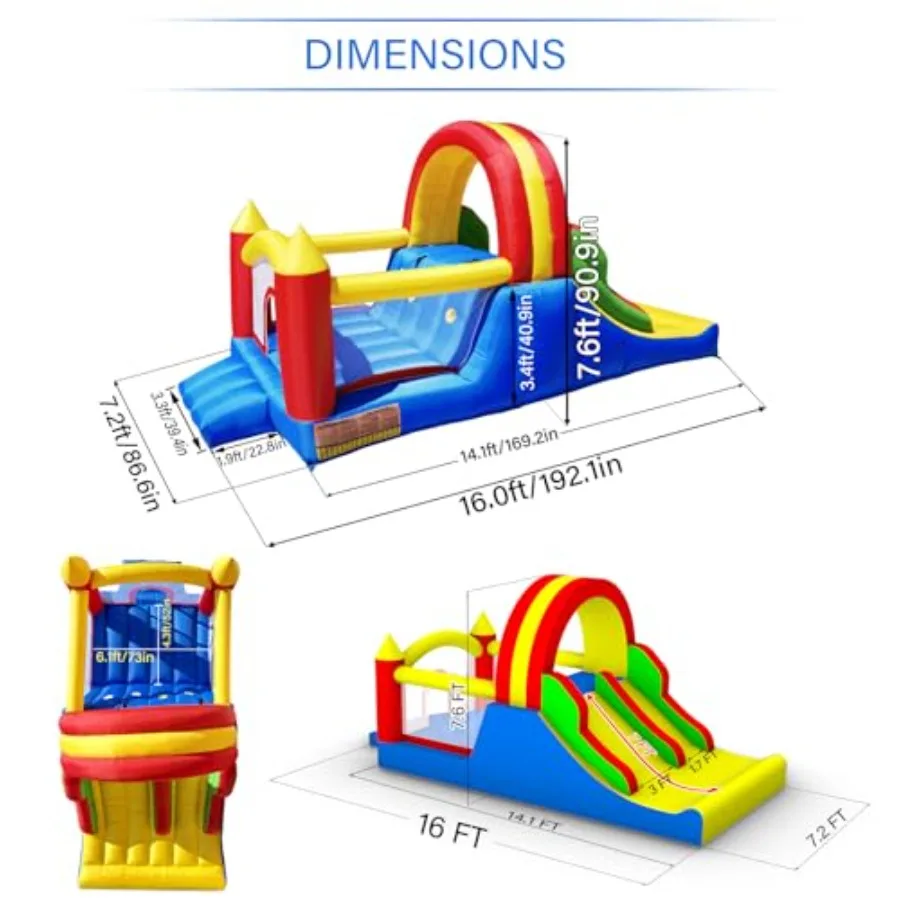 Casa inflable de rebote de 16x7,2 pies con 2 toboganes de carreras y pared de escalada grande, trampolín inflable 3 en 1 para niños, salto de arcoíris C