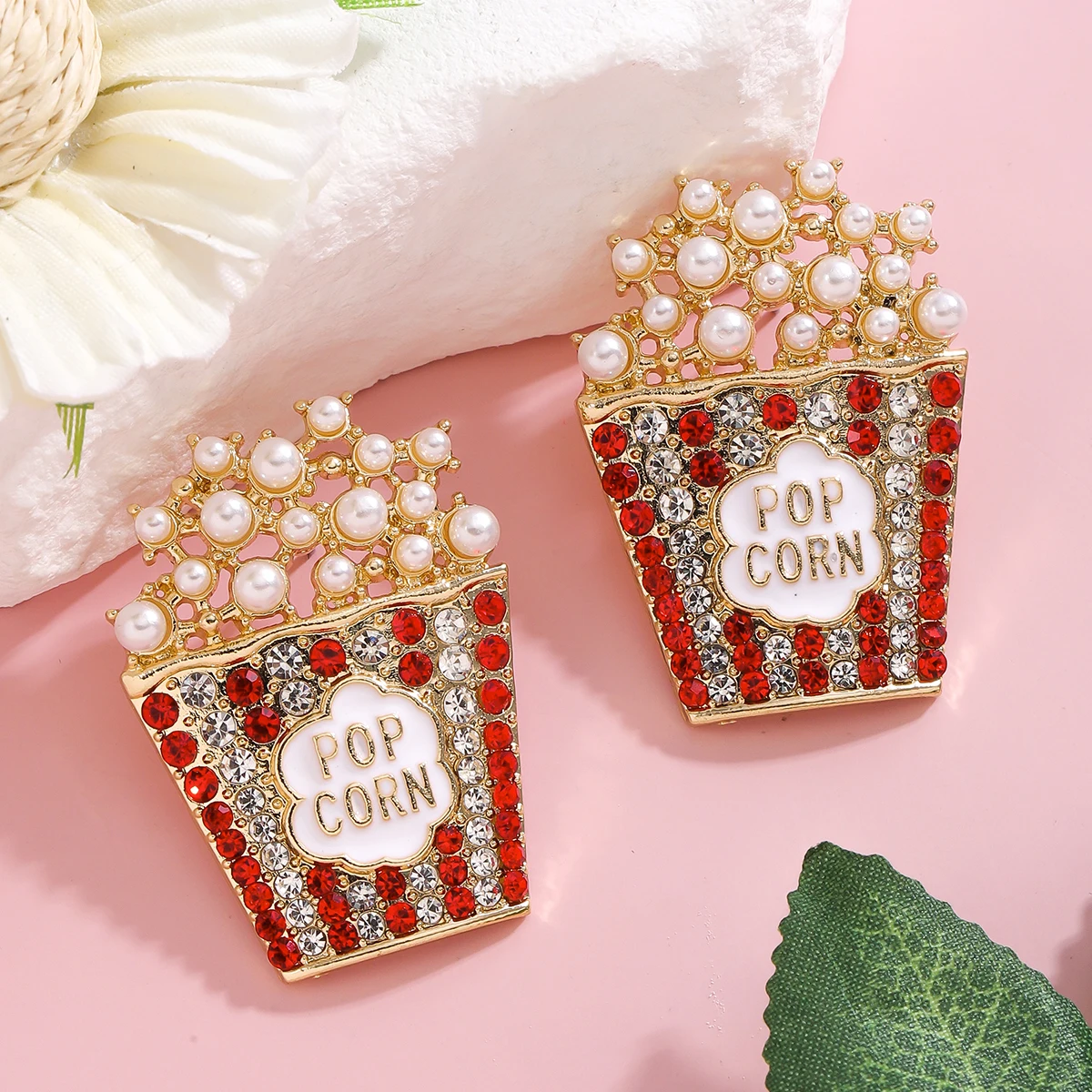 Cute Rhinestone Beaded Metal Popcorn Stud Earrings for Women Creative Statement Movie Food Holiday Accessory Party Gifts