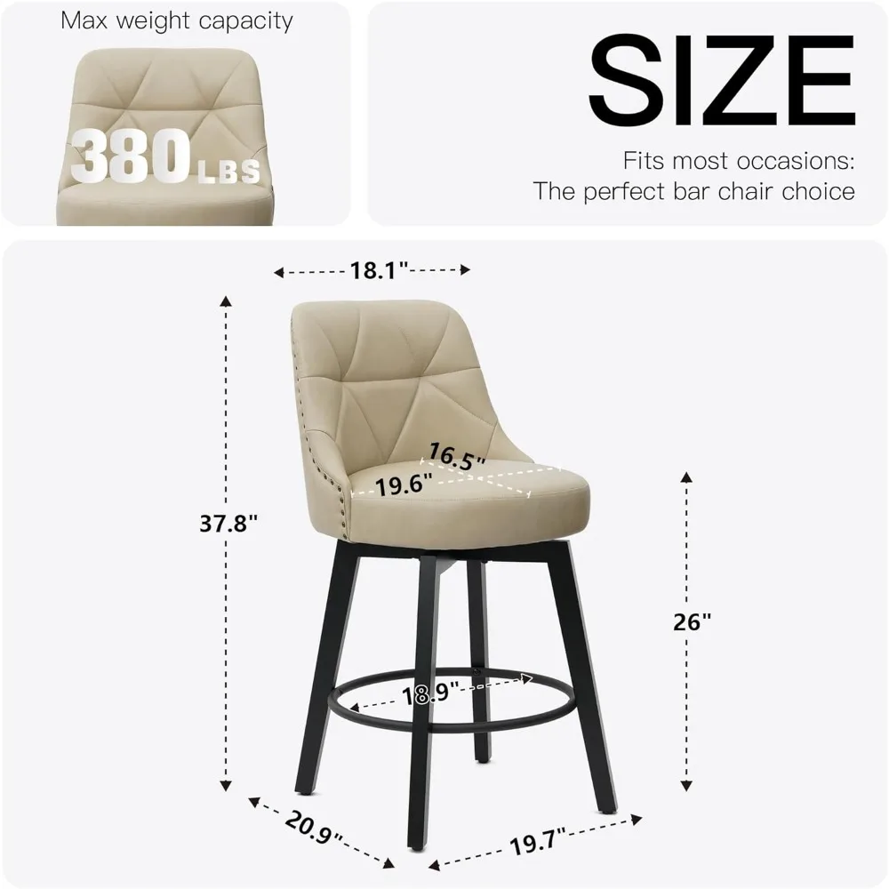 카운터 높이 바 스툴 2개 세트, 26인치 인조 가죽으로 덮인 회전식 주방 아일랜드 스툴(둥근 발판 포함)