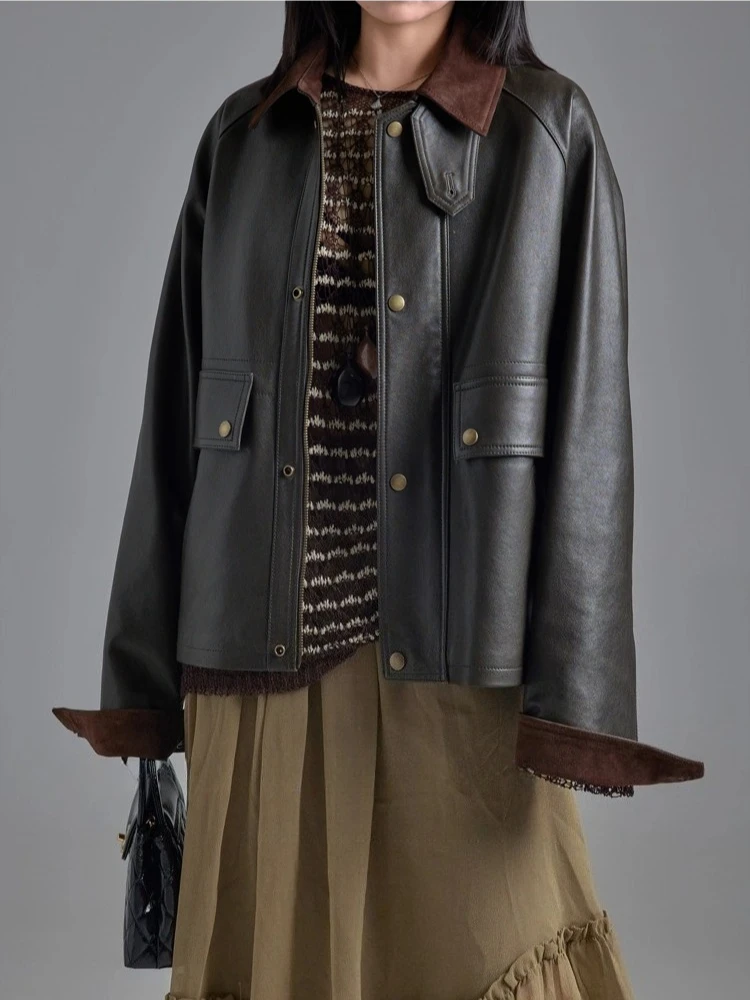Giacche cargo in vera pelle vintage anni '90 per donna Autunno Inverno 2025 Nuovo cappotto di alta qualità semplice allentato morbido corto in vera pelle di pecora