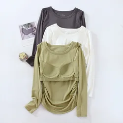 Autumn Women's T-Shirt Base Layer Tops with Padded Wireless Ruched Undershirt Full Sleeve Winter Casual Slim Female Blouse C5619