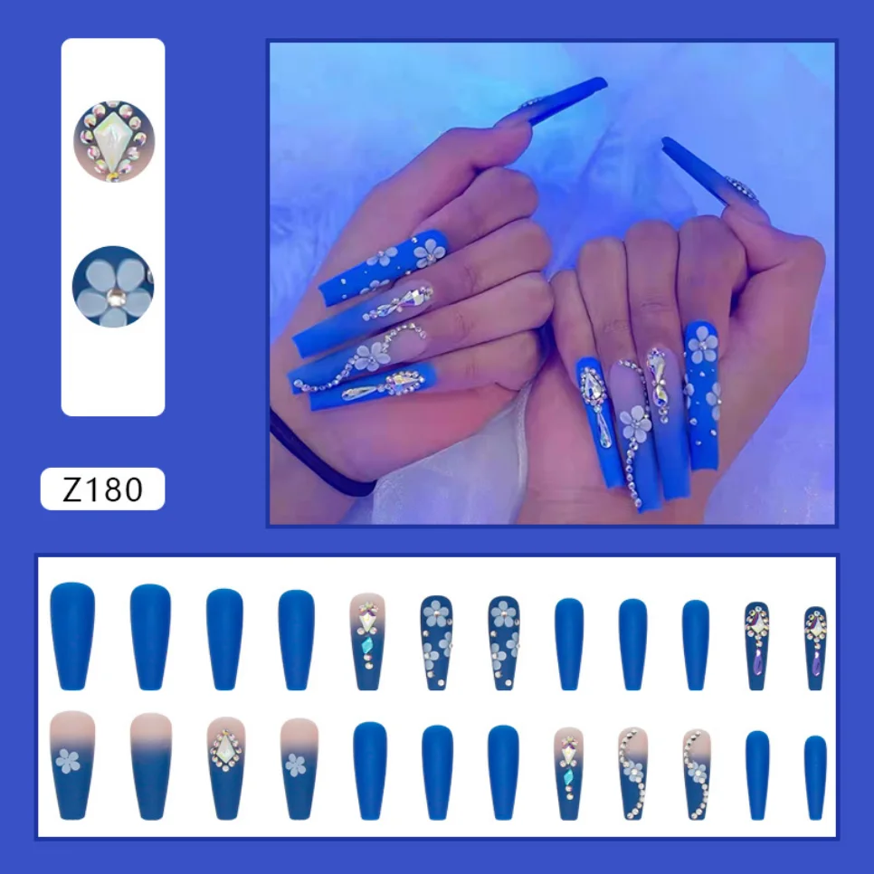 24Ps Super Long Ballet Wearable Fake Nails Blue Diamond Small Flower Press on Nail Stickers Finished Removable False Nail Pieces