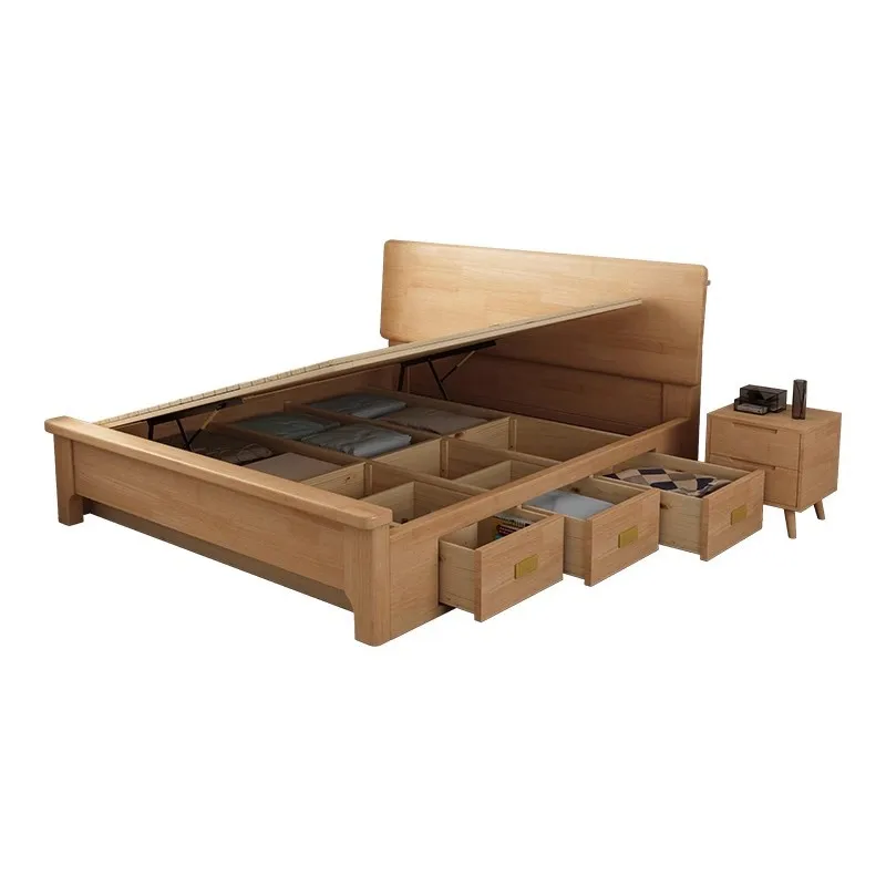 Modern simple double storage bed all solid wood high box storage small apartment