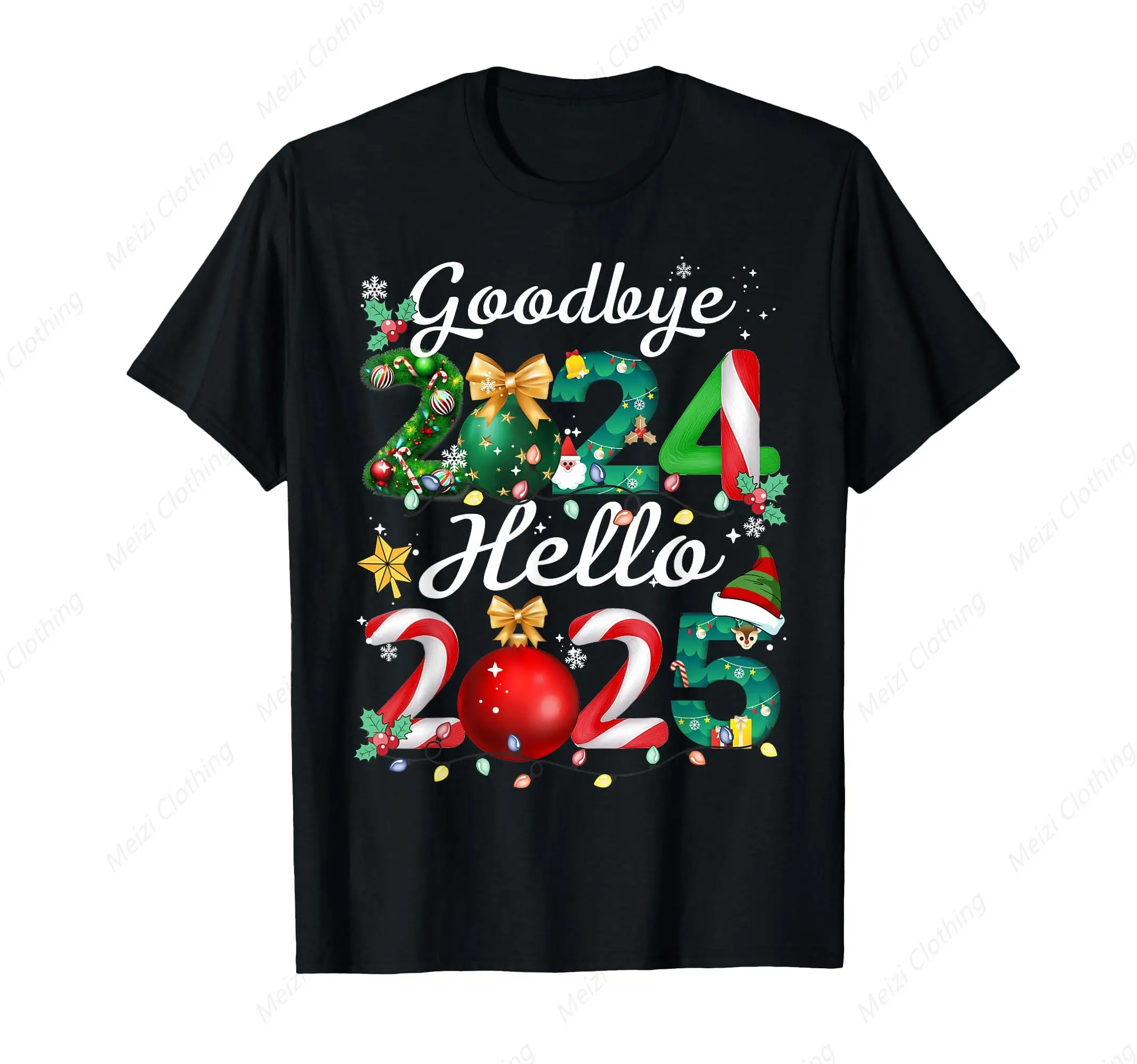 

Printed Fun Short Sleeves Goodbye 2024 Hello 2025 Merry Christmas 2025 Happy New Year T-Shirt Cotton Round Neck Men's Clothing