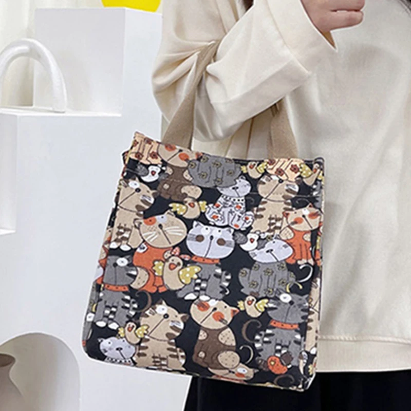 Canvas Bags Handbag For Women Shopper Tote Bag Fashion Designer Bag Japanese Style Cartoon Cute Cats Small Eco-Friendly Tote Bag