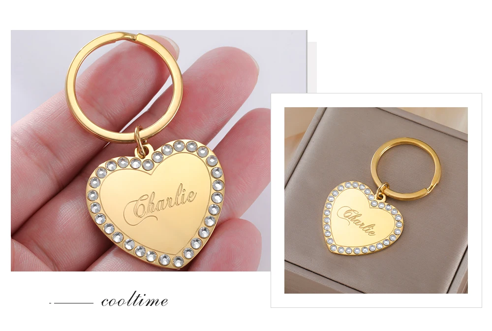 COOLTIME Heart Custom Engraved Keychain Stainless Steel Personalized Love Heart Custom Keychain Jewelry Bag Accessories