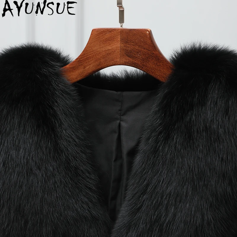 AYUNSUE abrigo de piel de zorro Mujer nueva llegada Chaleco de piel negra Ropa de Otoño Invierno Mujer 2025 Ropa de calle alta para Mujer Ropa de Mujer