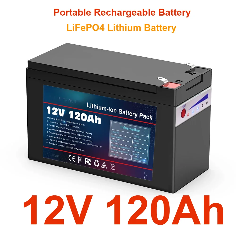 12V 120Ah Portable Rechargeable Battery Built-in Power Display Port Charging 2024 Upgraded LiFePO4 Lithium Battery