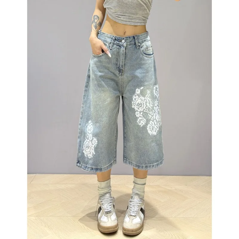 Y2K American Vintage Heavy Industry Jeans stampati in pizzo Donna High Street Design Si sente pantaloni larghi e sottili a sette punti a gamba larga
