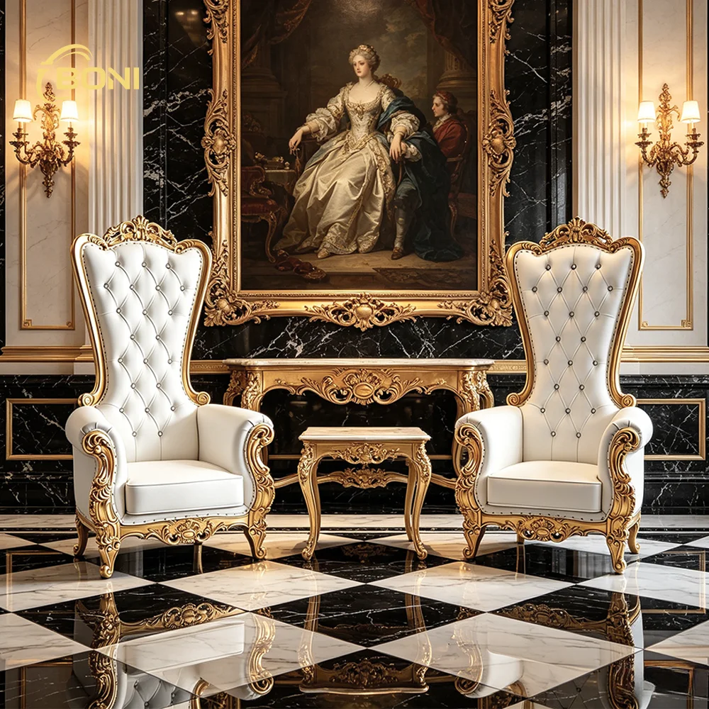 Classic Tufted Gold Foil Frame King Lion Throne Chair with White Leather Cover for Wedding Event Home Furniture & Living Room