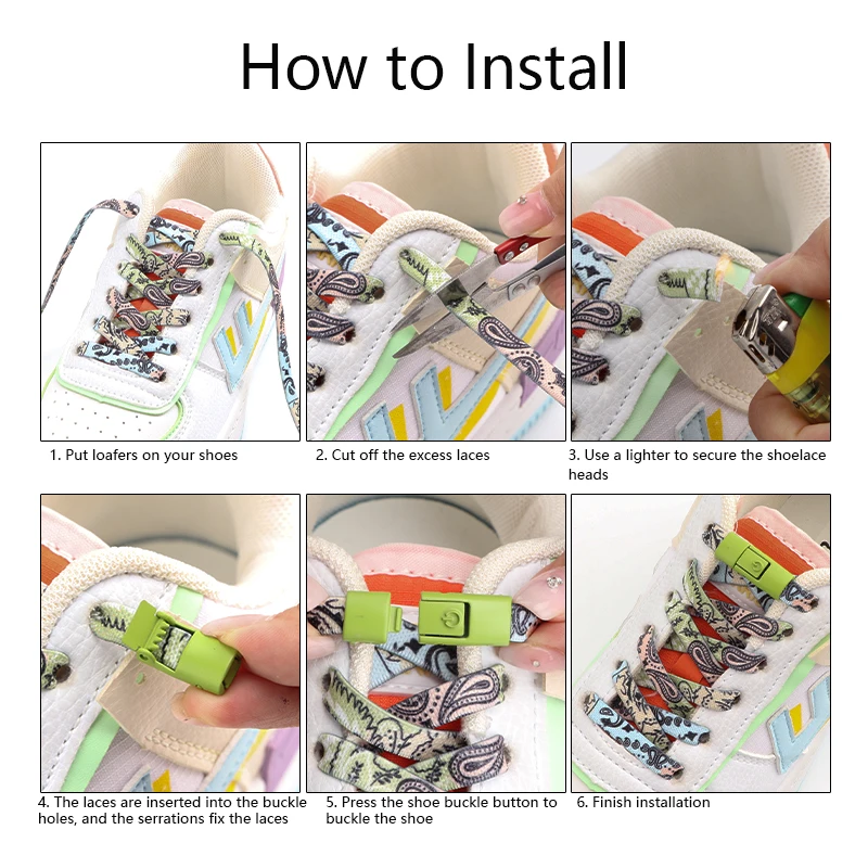 No Tie Shoelaces for Sneakers Colorful Press Metal Lock Shoelace Cashew Flower Print Flat Elastic Laces Without Ties Shoe Laces