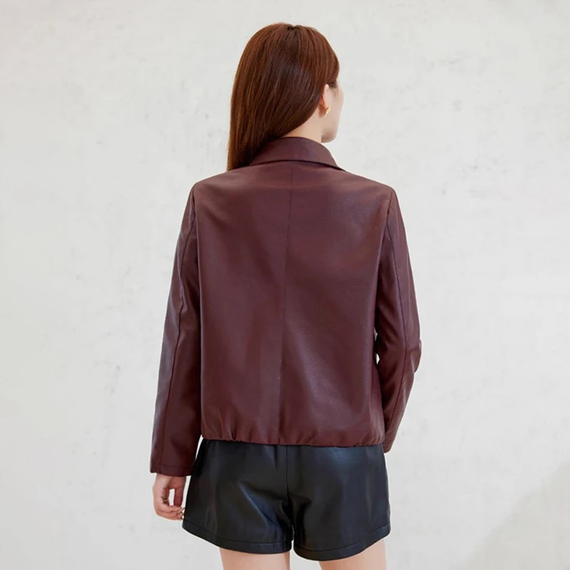 Korean Temperament Faux Leather Jacket Women Spring Autumn Thin Soft Leather Coat Woman Office Lady Single Breasted Lapel Jacket