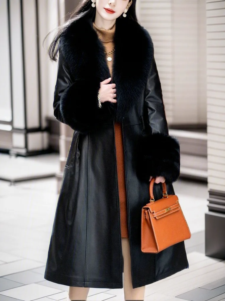 Commute Style Long Leather Coat Female 2023 Winter Fashion Imitation Fox Fur Collar Thick Coat Faux Fur Coats and Jackets Women