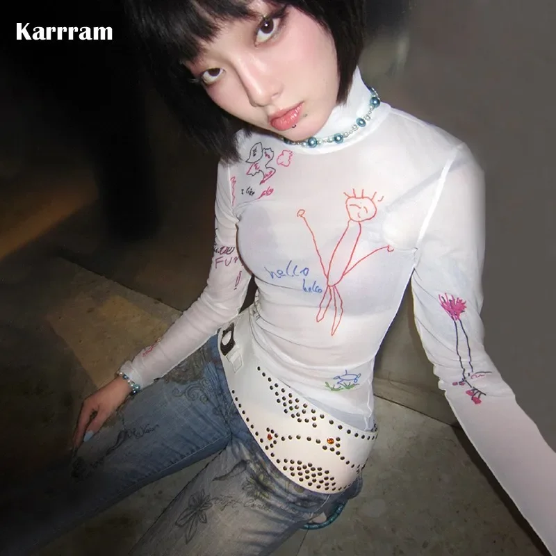 Karrram Japanese Y2k Mesh Tops Grunge Aesthetics Sheer Tops Vintage Harajuku See Through T-shirt 2000s Graffiti Turtleneck Tea