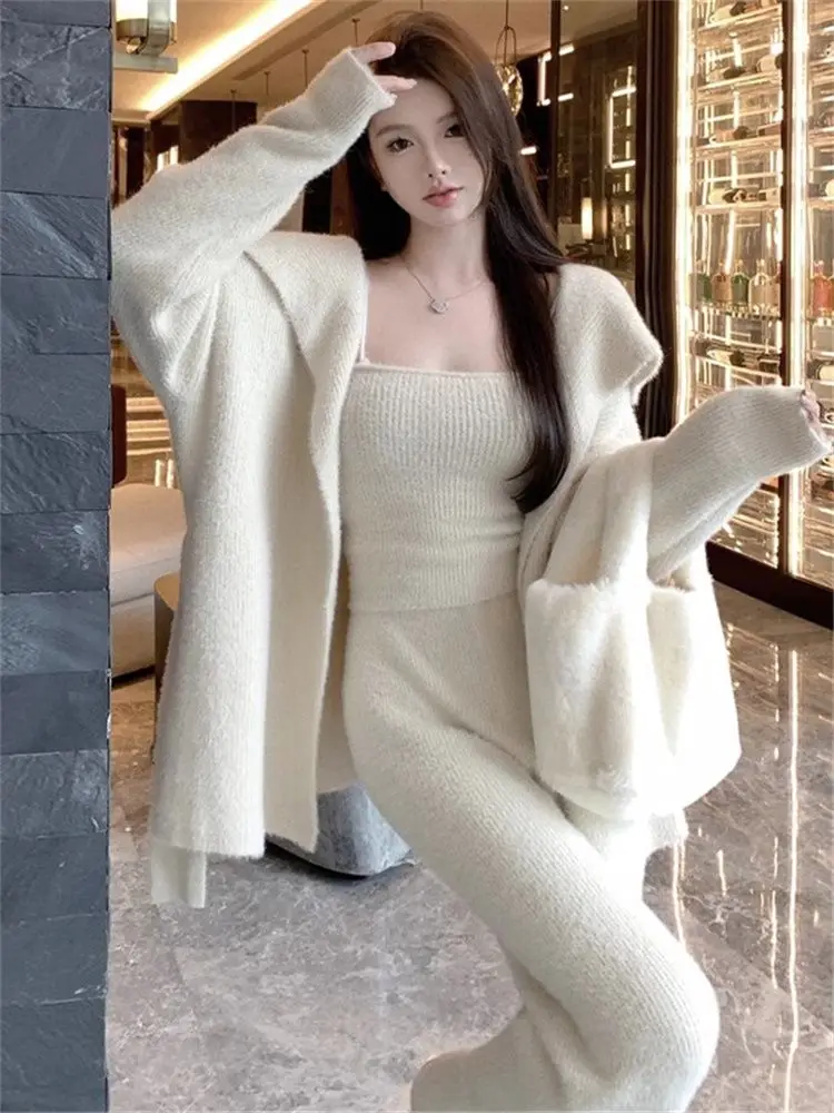 

Autumn and Winter Creamy White Sweater Knitted Three Piece Sets Strap Tank Top Cardigan Wide Leg Pants Loose Casual Women Set
