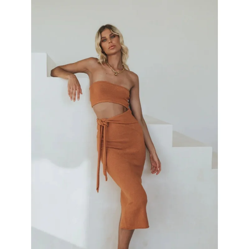 Damen kleid Mode sexy Ausschnitt rücken freie Tube Top Schnür Strickkleid Frauen