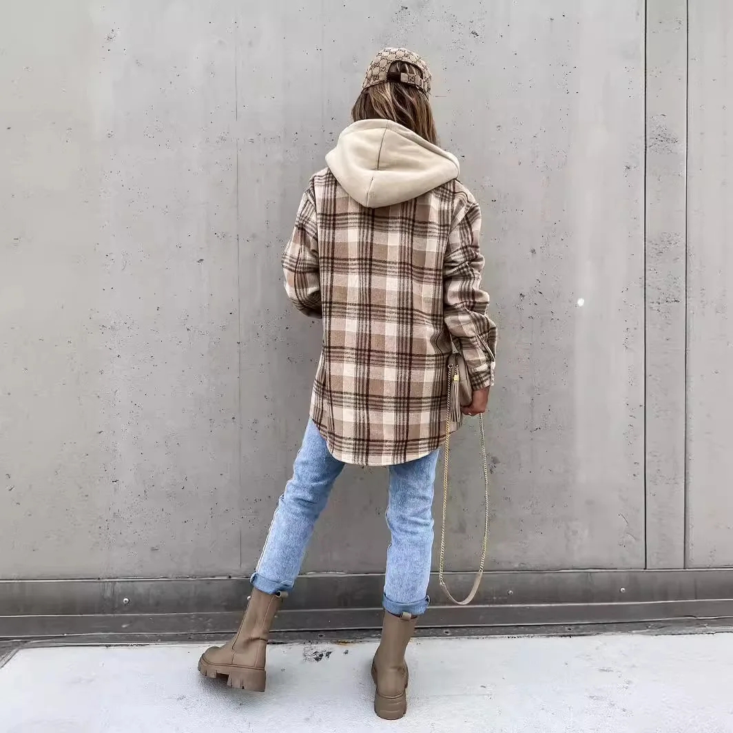 New Autumn and Winter Minimalist Hooded Loose Checkered Button Down Shirt Jacket Veste Femme Coat Women
