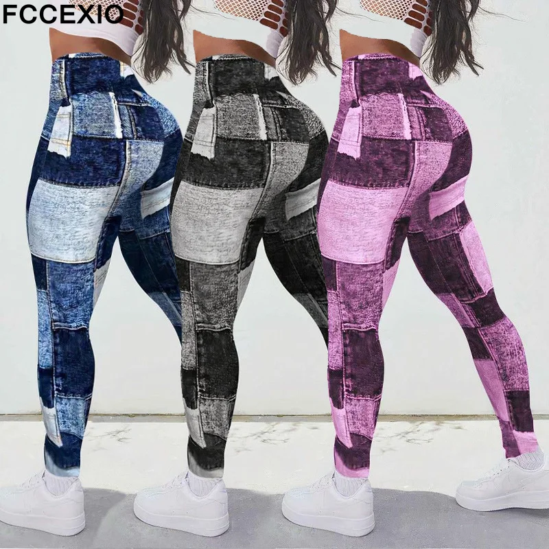 FCCEXIO Denim Stitching Print Leggings sportivi da donna vita alta Running Sexy stretto Fitness Workout Yoga Gym Push Up Pants nuovo