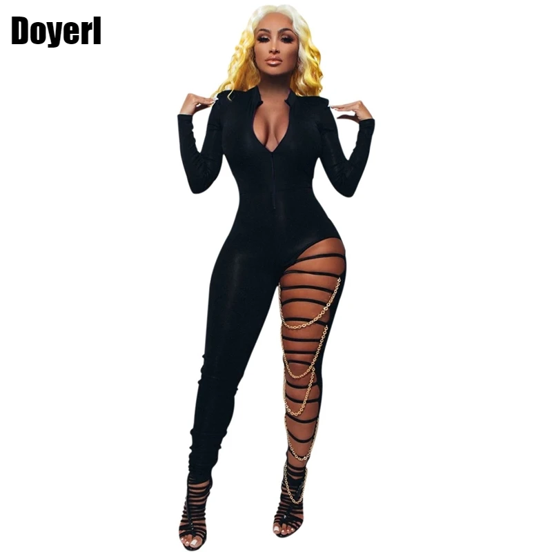 Clubwear Sexy Bodycon Jumpsuit Vrouwen Romper Party Club Rompertjes Womens Jumpsuit Hollow Out Chain Lange Broek Een Stuk Jumpsuit