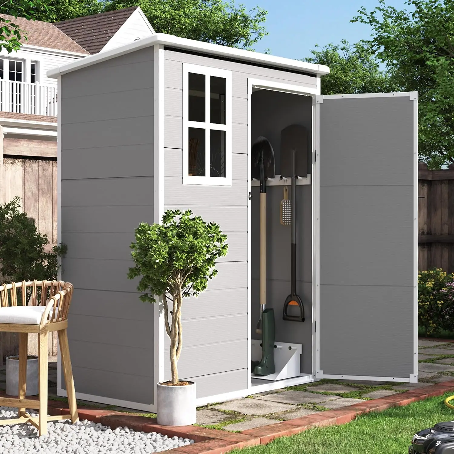 Outdoor Resin Storage Shed 5x3 FT Garden Floor Grey White Weather UV Resistant Heavy Lockable Quick Assembly Space Saving Vertic