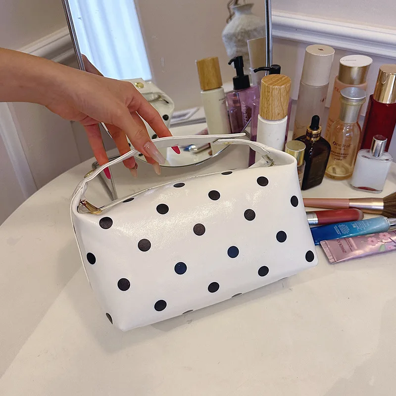 Black Polka Dot Makeup Bag 2026 Autumn Portable PU Leather Cosmetic Pouch Handheld Travel Toiletry Storage Bags for Women