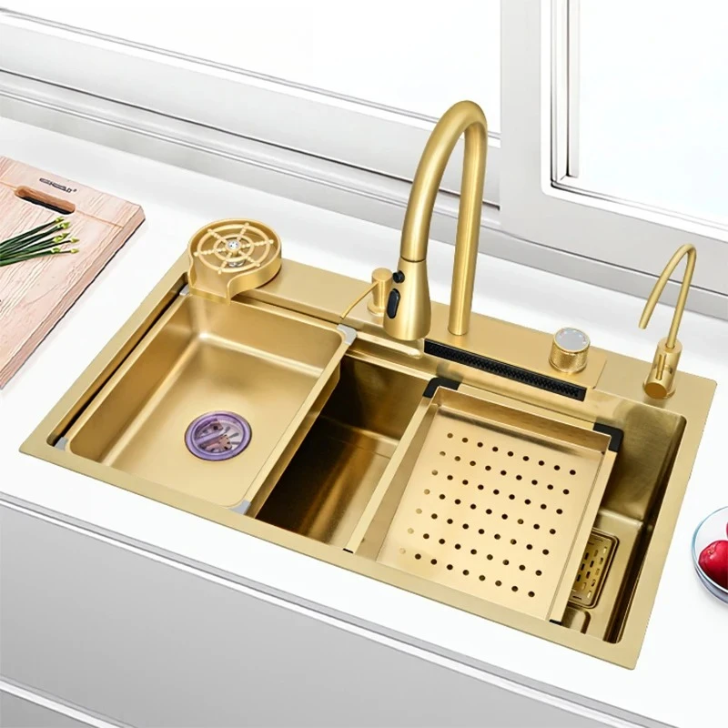 4 Mode Waterfall Faucet Large Single Bowl Soap Dispenser Pure Tap Cup Washer Golden Nano Multifunctional Kitchen Sink