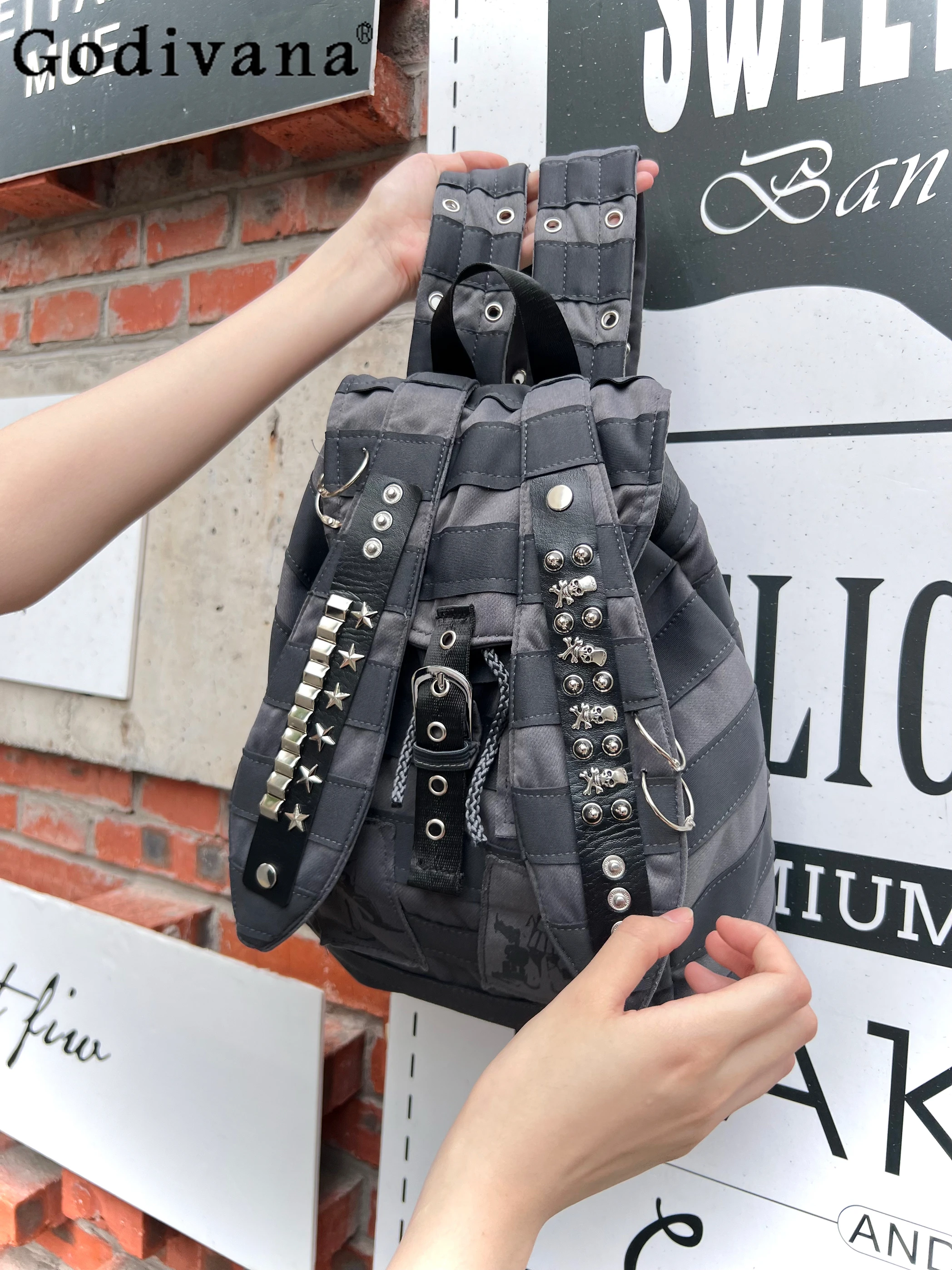 

Y2K Subculture Japanese Original Retro Striped Cartoon Rabbit Ears Backpack Punk Dark Rivet College Versatile School Bag