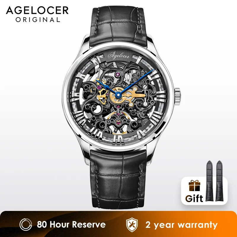 

AGELOCER Original Baroque Art Carved Watch Men's Luxury Skeleton Automatic Mechanical Watch Birthday Gift for Men