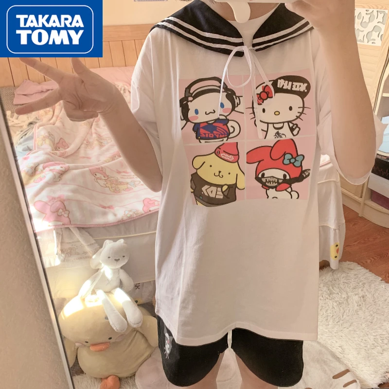 

TAKARA TOMY Summer Student Cute Breathable Over Sized White Short-sleeved Girls Round Neck Cotton Cute Sweet Top T-shirt