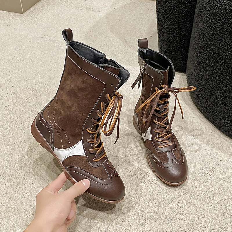 

Модные женские боксерские ботинки до середины икры из мягкой кожи, горячая распродажа сезона, новый ретро-стиль, увеличенная высота, плоский бот на подкладке из искусственной кожи