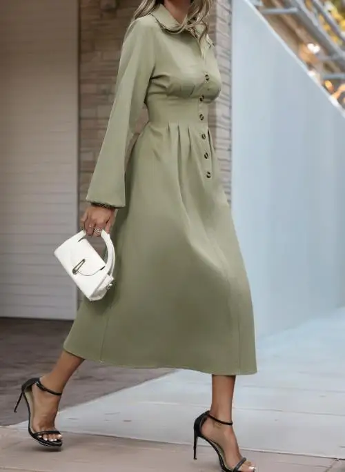 Damesjurken 2023 Herfst Nieuwe Kraag Taille A-lijn Rok Commuter Lange Mouw Button Up Shirt Jurk Retro Casual Elegante Jurk