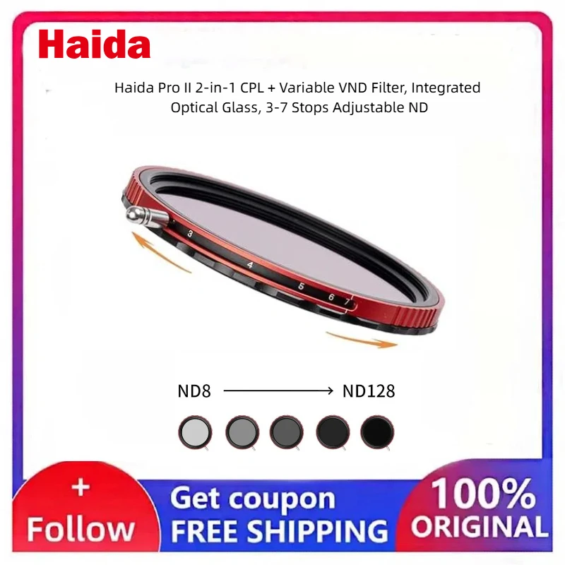 Haida 67‑95mm Combo CPL VND Filter 2‑5 Stops Multi‑Coated Optical Glass for Camera Photography Video Shooting Live Streaming