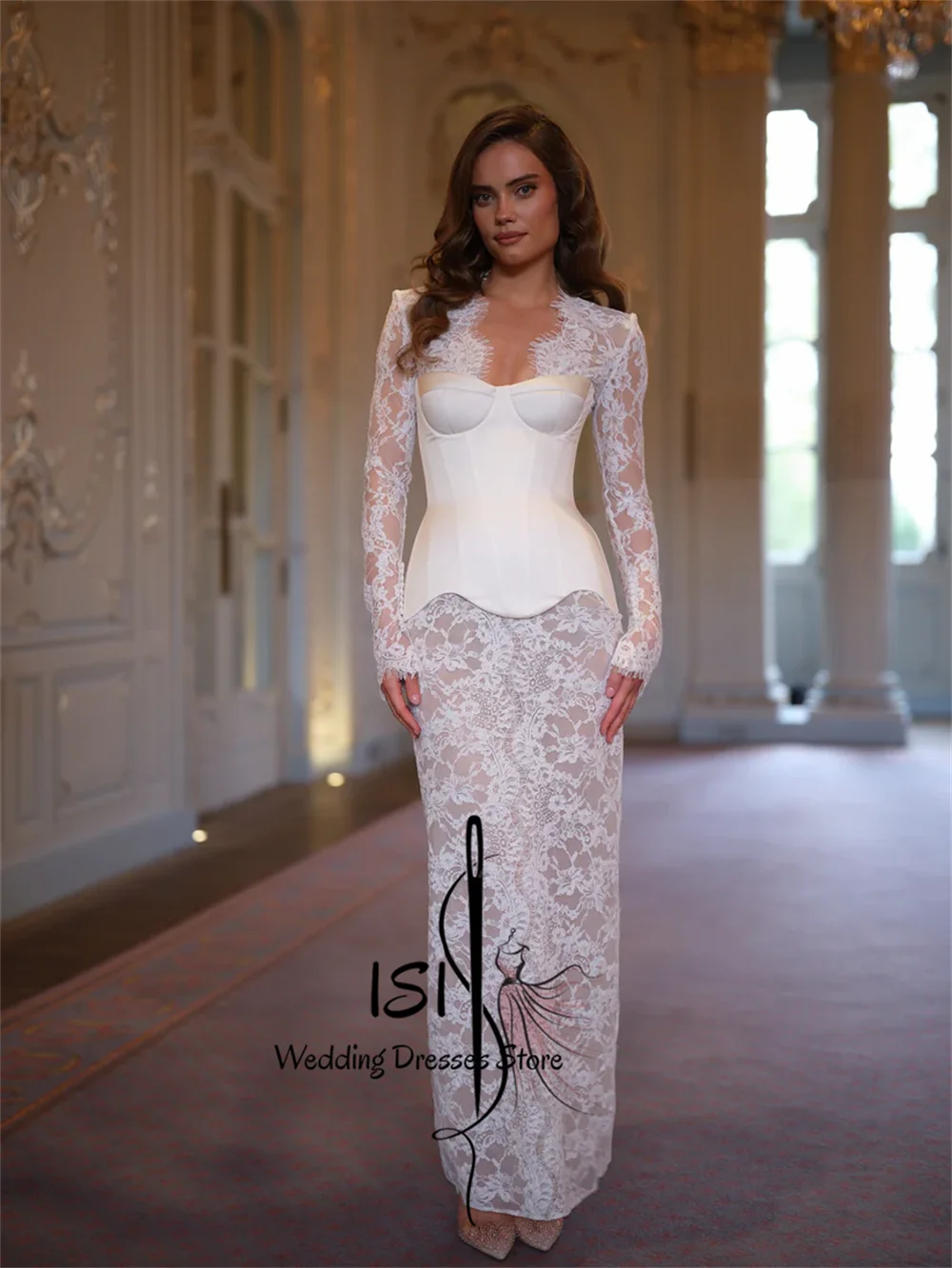 ISI Exquisite Long Lace Sleeves Wedding Dress Elegant V Neck Vestido De Noiva Appliques Straight Evening Dresses Customized