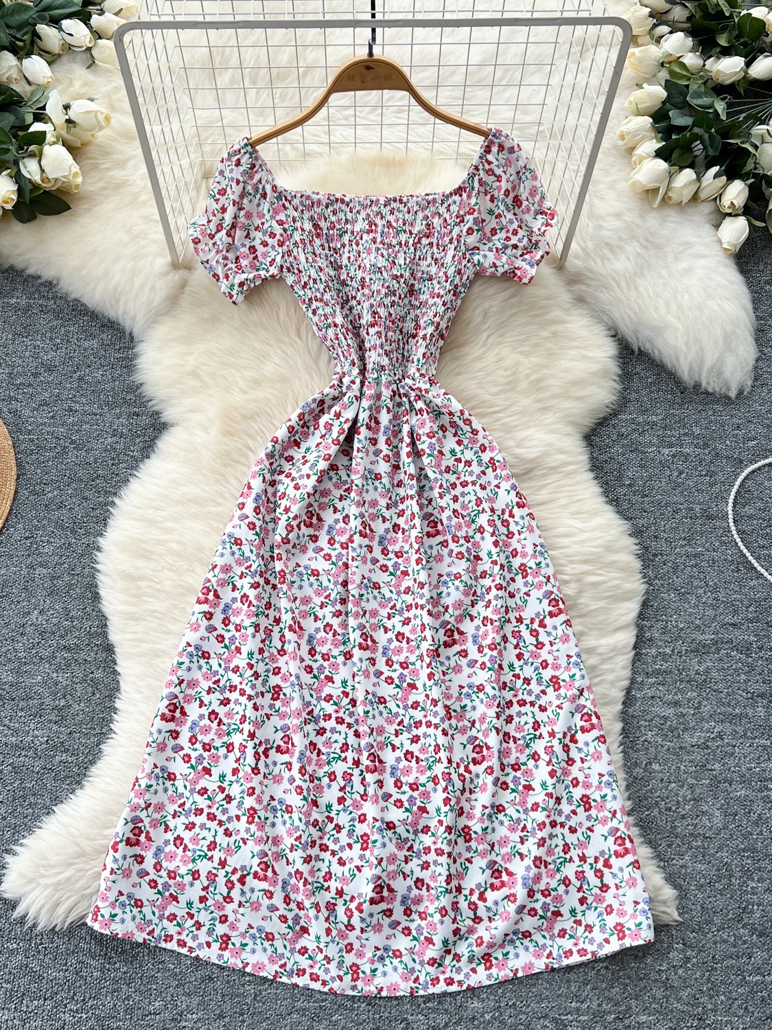 Fashion One-word Shoulder Puff Sleeve Floral Dress Women's 2025 Summer Slim Long Dress Boho Beach Holiday Y2k