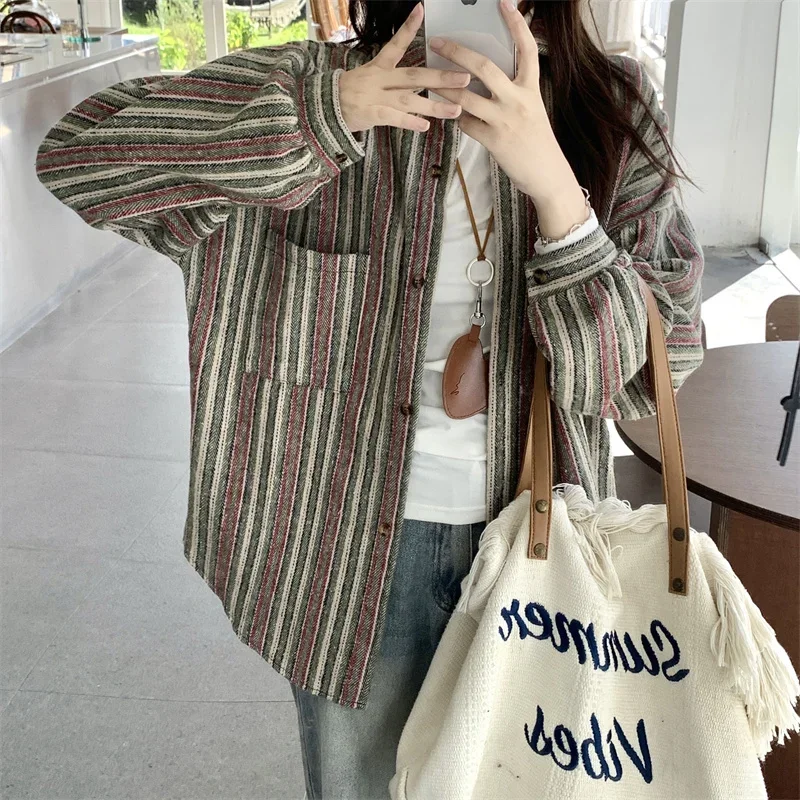 韓国風シングルブレストターンダウンカラーカジュアルトップス秋冬レトロルーズ長袖シャツ厚手ストライプ女性ブラウス