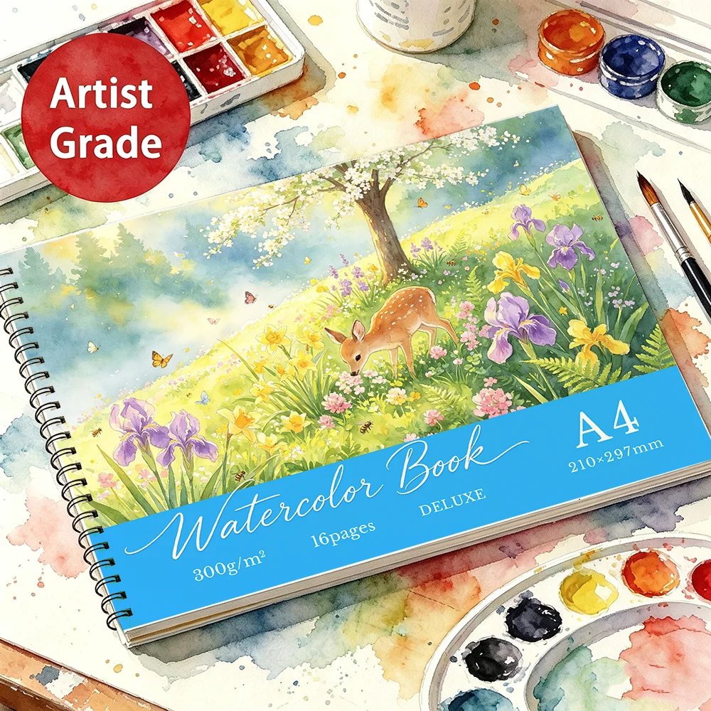 Premium Spiral Watercolor Notebook, 300gsm Heavy Paper, 16 Sheets, tear-resistant sheets for layered watercolor artwork.